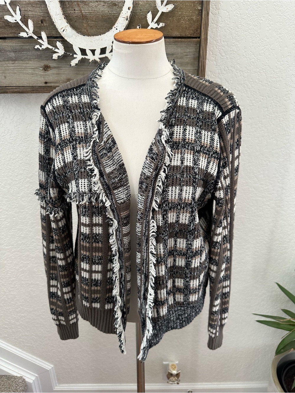Cabi Style 4097 Plaid Fringe Open-Front Women's Sweater Cardigan - Brown/Gray L